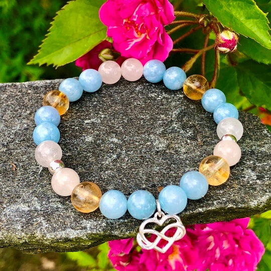 Minerální náramek akvamarín, citrín, křišťál - ZÁZRAČNÉ SRDCE (stříbro Ag925)